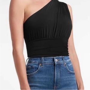 Express Black Body Contour Double Layer Ruched One Shoulder Thong Bodysuit Small